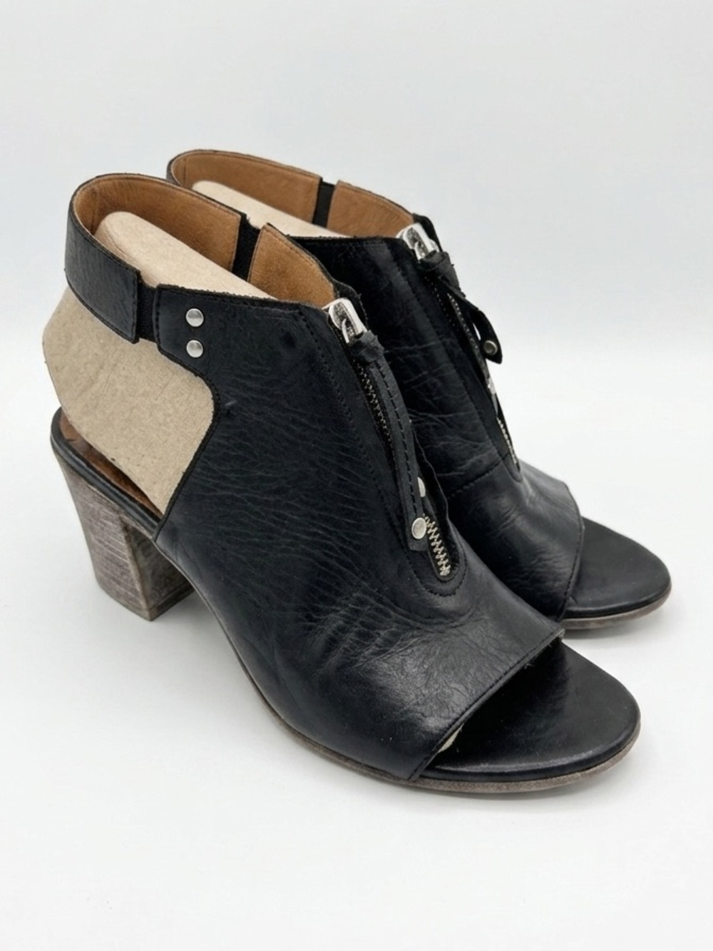 MIZ MOOZ Black Leather Saga Shoeties Sling Back Peep Toe Chunky Heel Zipper 38